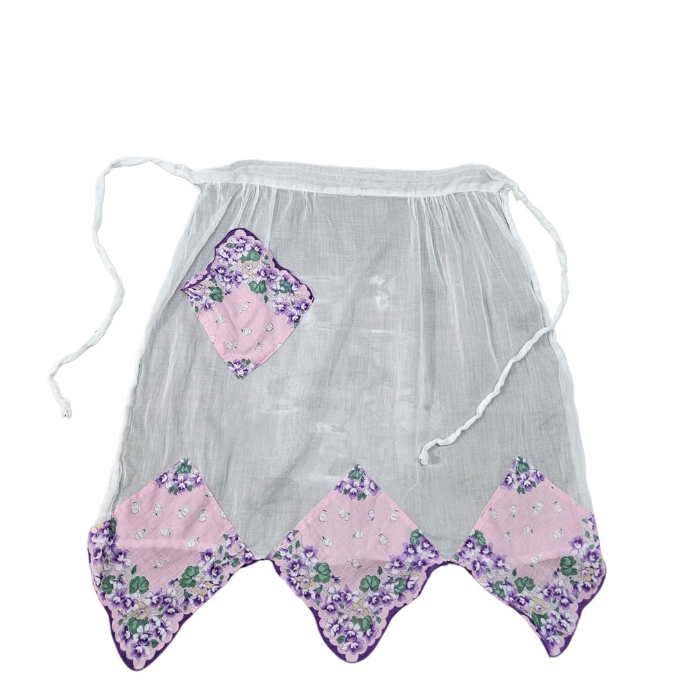 Vintage 60s 70s White Sheer Half‎ Apron Floral Patchwork Purple Flower Cottage